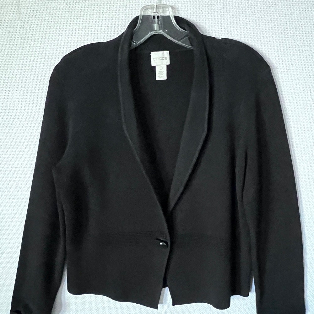Chicos Black Knit Blazer Shawl Collar Single Button Ribbed Waist Size Small